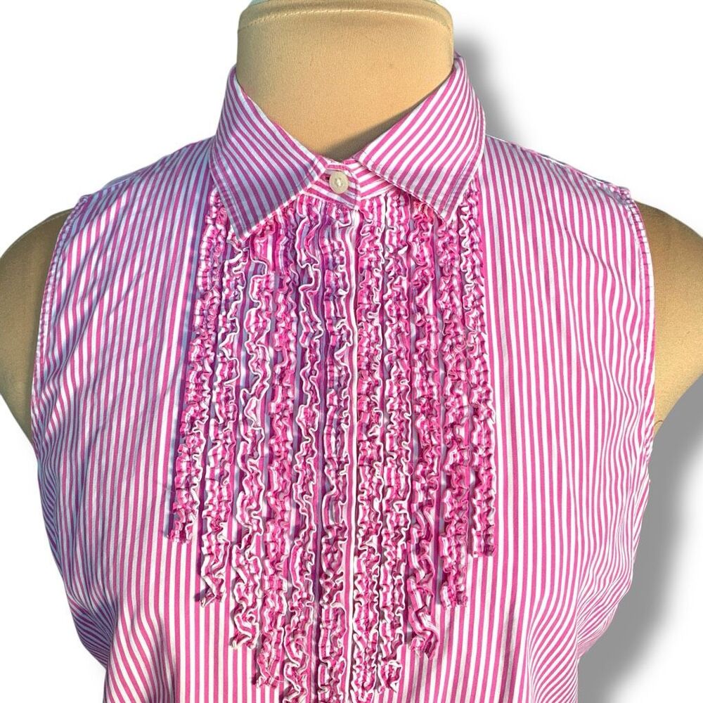 Lauren Ralph Lauren Top Pink Striped Ruffled Tuxedo Sleeveless Blouse 14 Petite